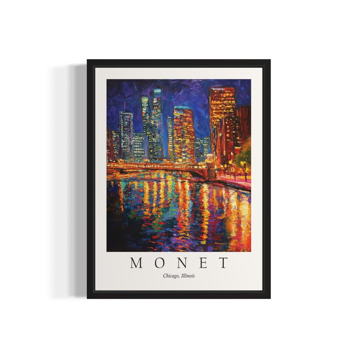 Chicago Illinois Night Skyline River Reflections Monet Art Poster