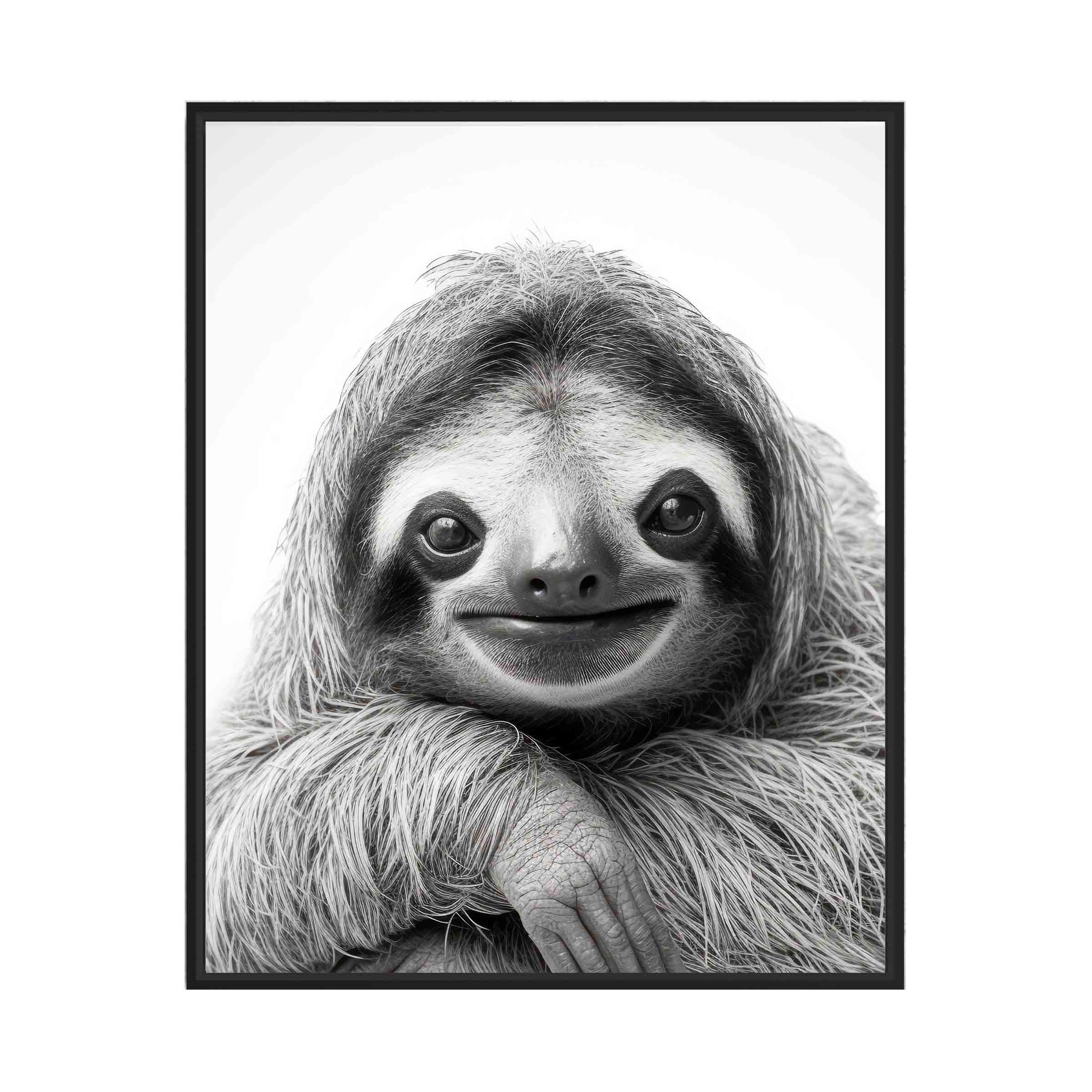 Sloth Black and White Smiling Cute Wild Animal Portrait Poster