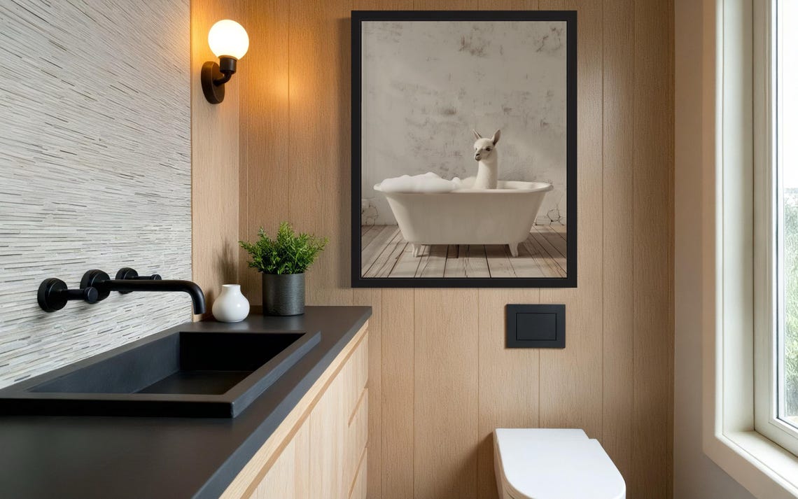 White Llama Standing in a White Bubble Bath Tub Rustic Photo Poster - Image 4