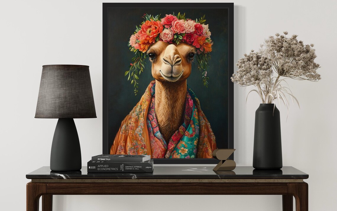 Camel Wearing Coral Rose Flower Crown Kimono Fine Art Decor Poster - Image 2