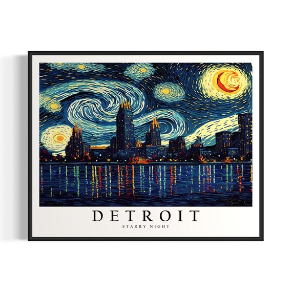 Detroit Michigan Starry Night Skyline Riverfront Night Glow City Art Poster