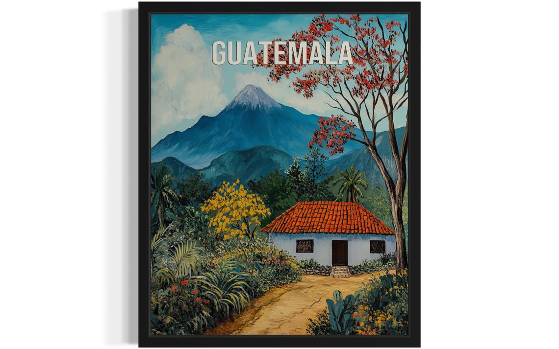 Guatemala Towering Volcano Red Roof Cottage Naive Folk Art Poster