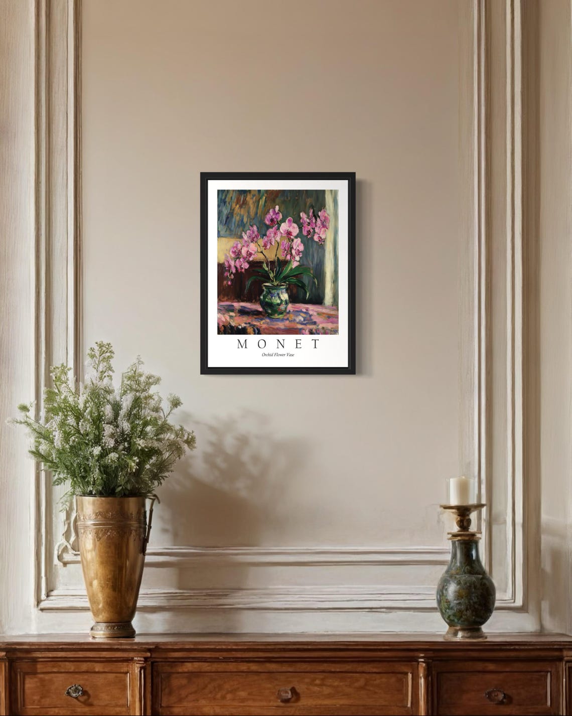 Pink Orchids in a Green Vase Monet Style Elegant Flower Poster - Image 2