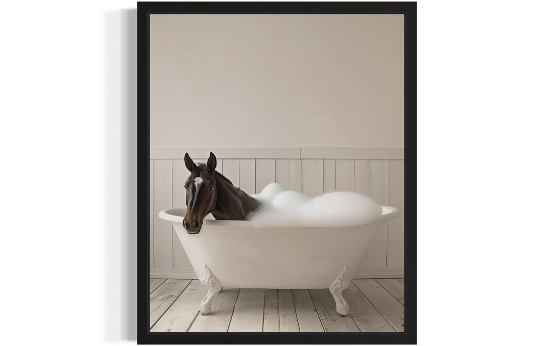 Brown Horse Soaking in a White Clawfoot Bubble Bath Tub Photo Poster