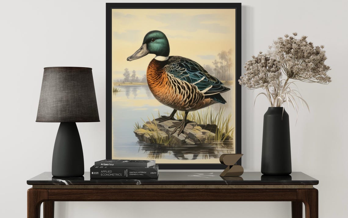 Northern Shoveler Drake Standing on a Rock by the Lake Vintage Poster - Image 2