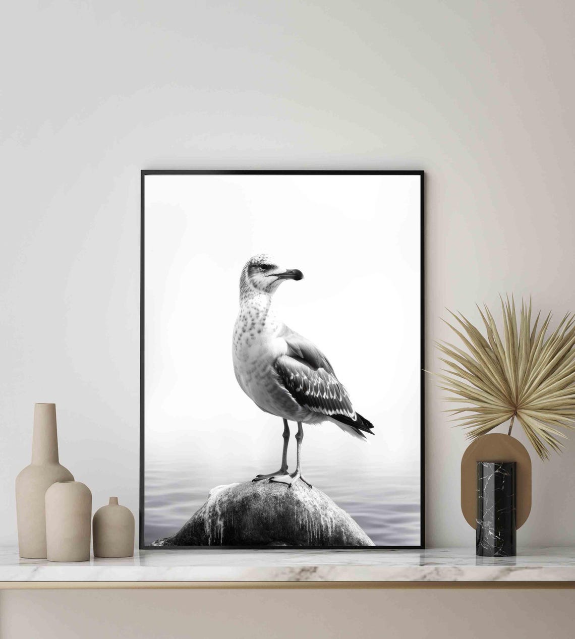 Seagull Black and White Coastal Seabird on Rock Portrait Poster - Image 4