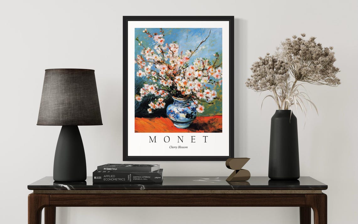 Monet Cherry Blossom Branches White Blossoms Blue Vase Poster - Image 3
