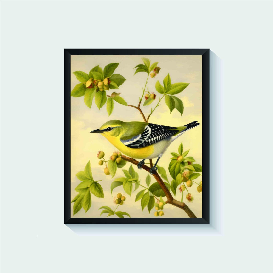 Yellow Warbler Perched on a Berry-Laden Branch Vintage Songbird Poster