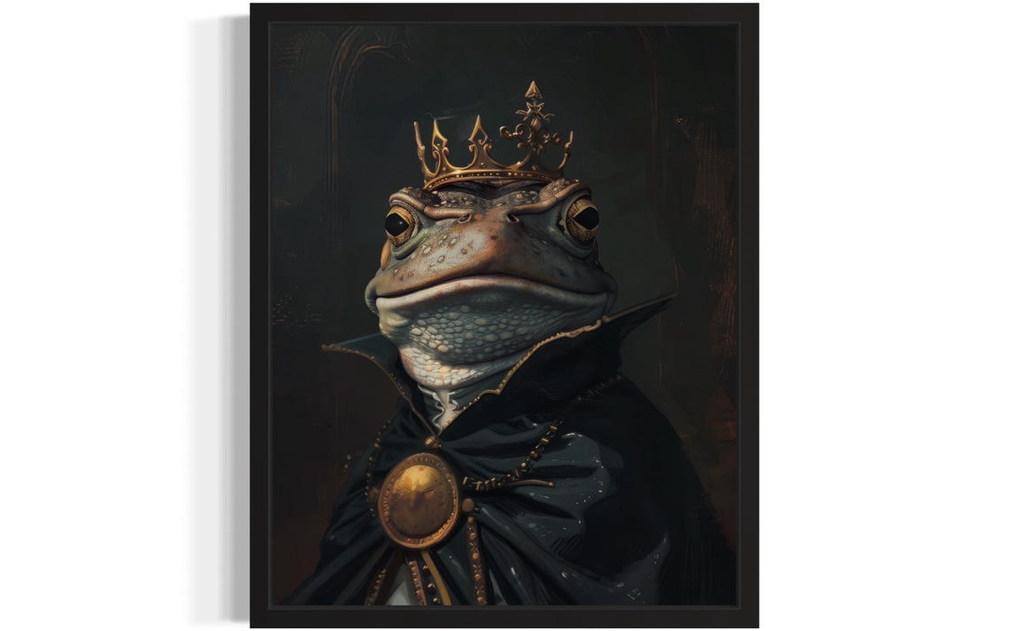 Crowned Frog King In Velvet Cloak Gothic Royal Portrait Poster