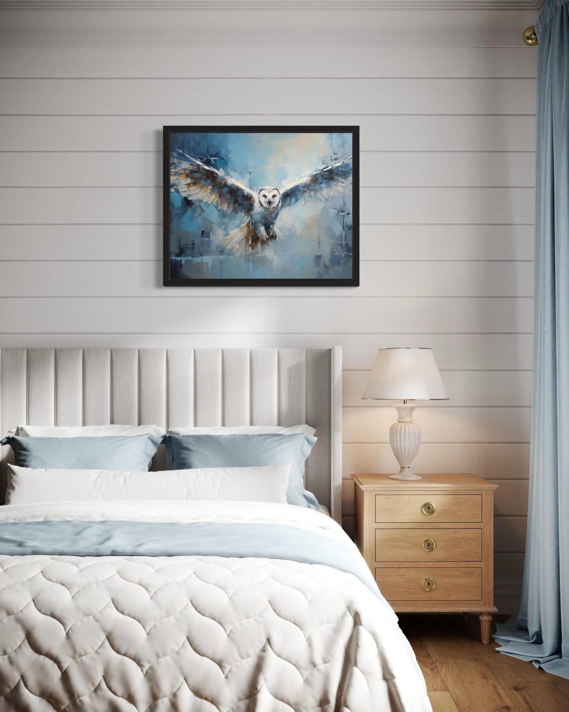 Snowy Owl in Flight Over Blue Winter Mist Original Painting Poster - Image 4