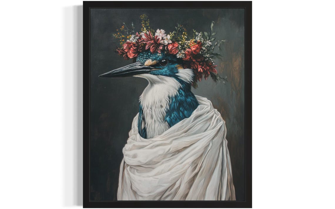 Kingfisher Portrait with Red Flower Crown White Drape Poster