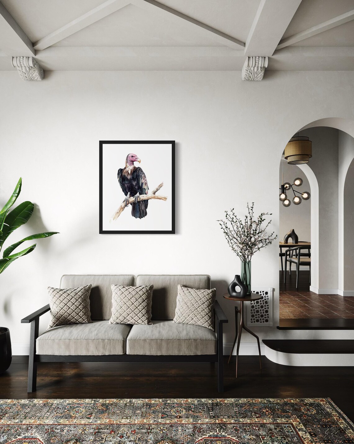 Red-Headed Vulture Watercolor Bird of Prey Perched on Branch Art Print - Image 2