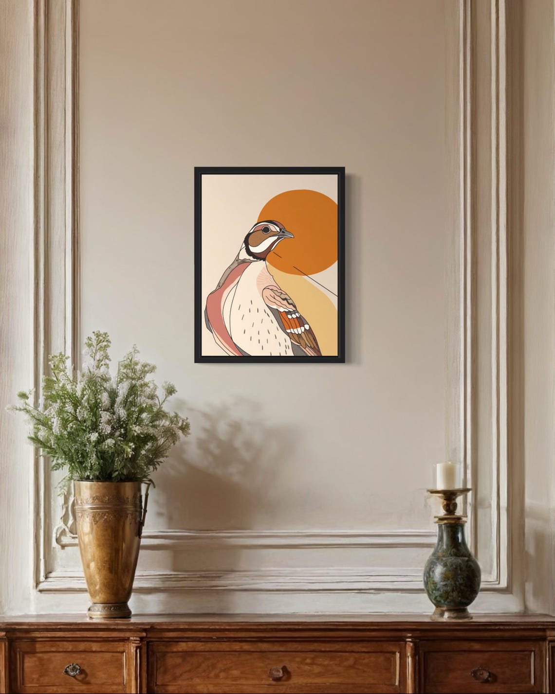 Stylized Quail Bird Sunset Orange Circle Minimalist Nature Poster - Image 2