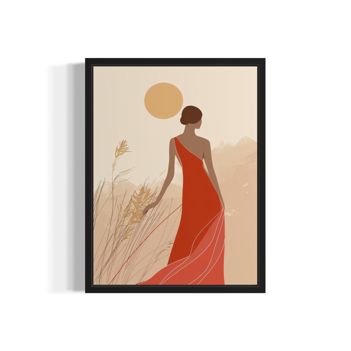 Graceful Woman in Red Dress Walking Minimalist Boho Art Poster