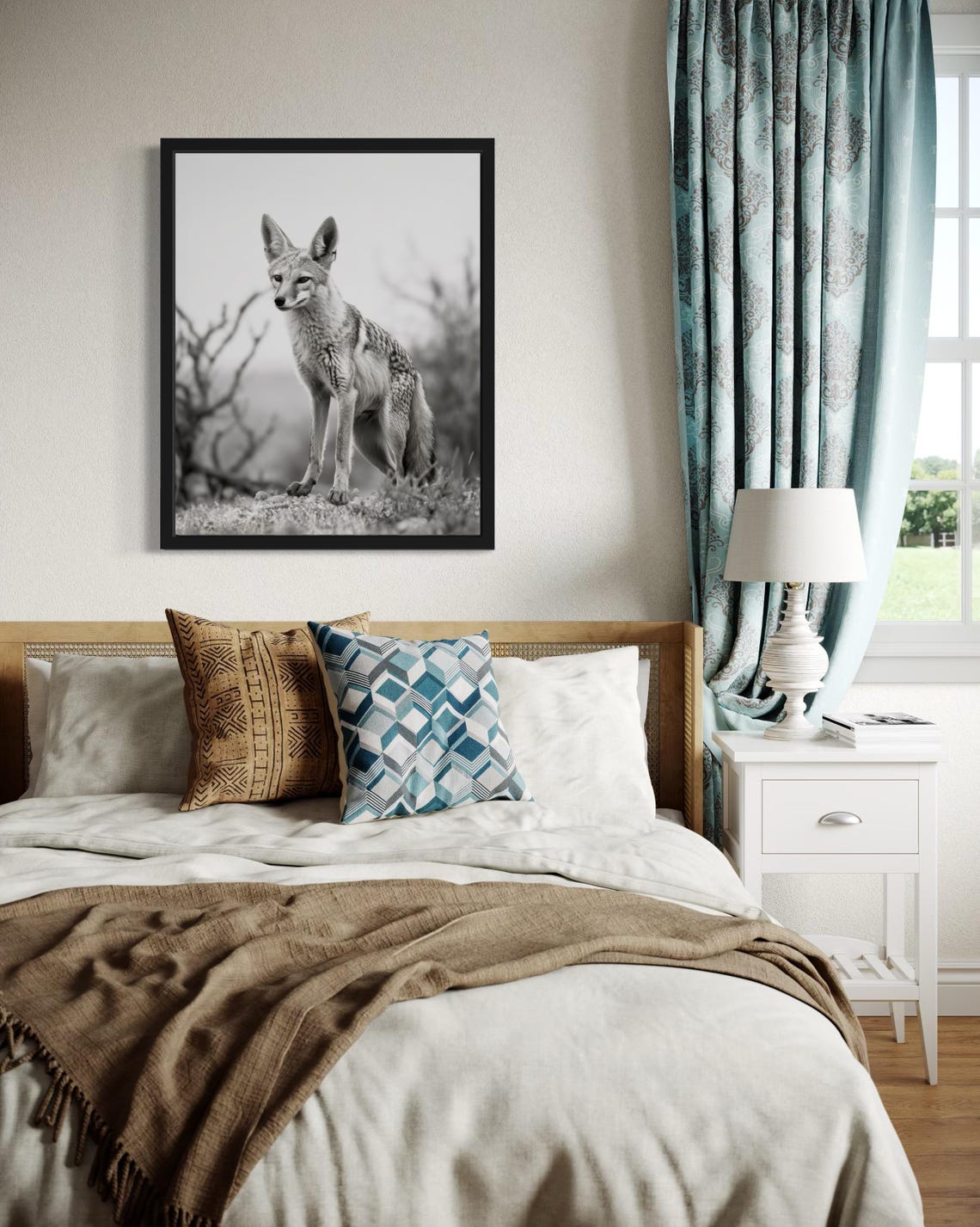 Black-Backed Jackal Standing Alert Black and White Photo Poster - Image 4