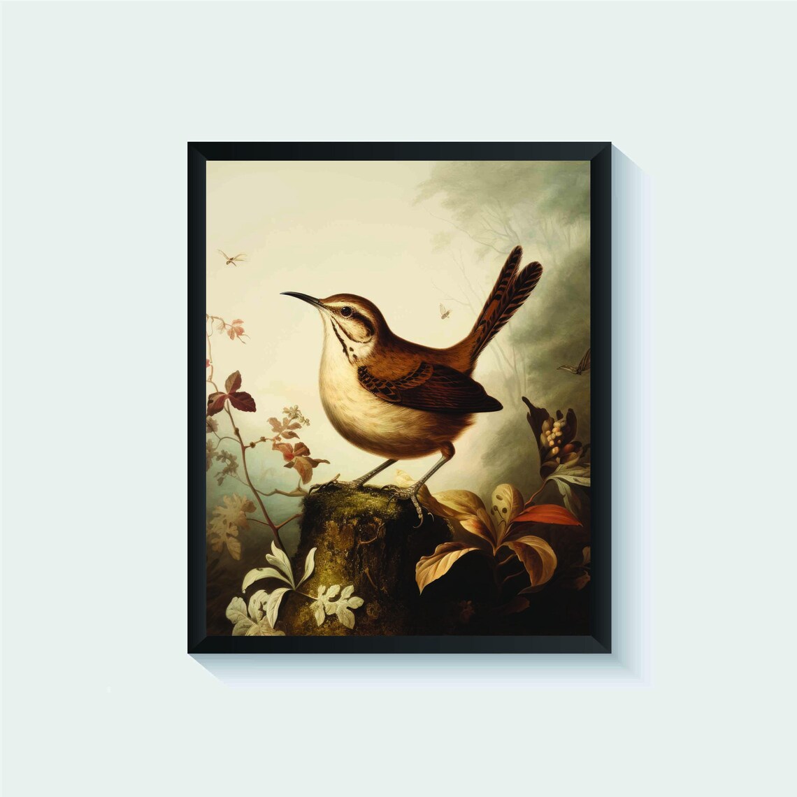 Wren Perched on a Mossy Stump in a Misty Forest Vintage Bird Poster