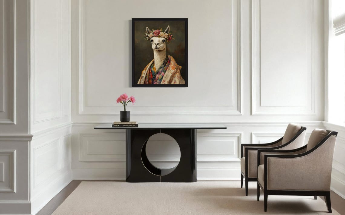 Llama Wearing Flower Crown and Rose Kimono Fine Art Decor Poster - Image 2