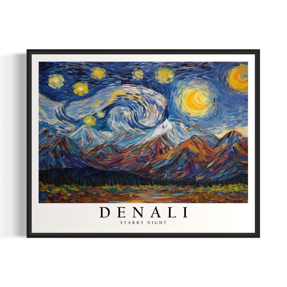 Denali Mountain Starry Night Art Print Van Gogh Style Poster Wall Art Original Painting Decor