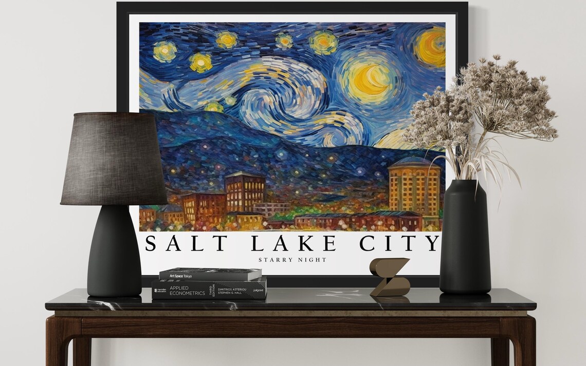 Salt Lake City Utah Starry Night Downtown Mountains Art Poster - Image 3
