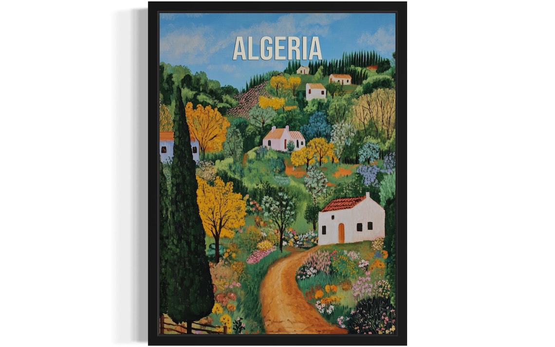 Algeria Hillside Village Naive Countryside Travel Art Poster
