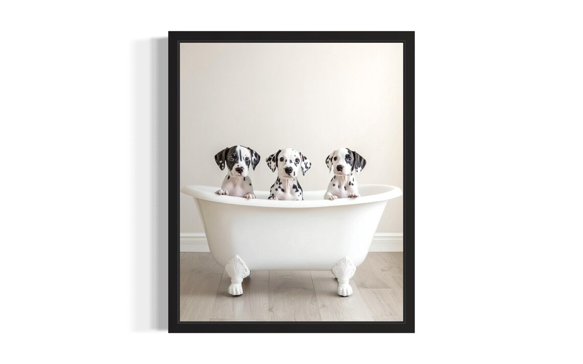 Three Dalmatian Puppies in White Bathtub Cute Dog Photo Poster