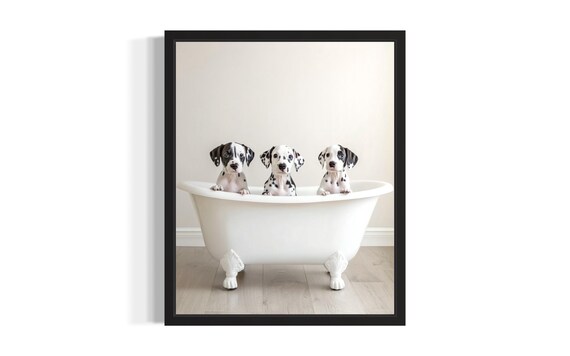 Three Dalmatian Puppies in White Bathtub Cute Dog Photo Poster