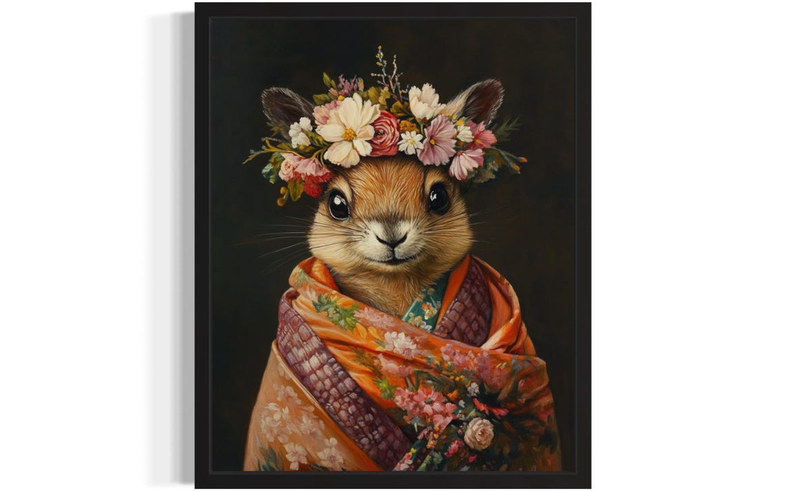 Numbat Wearing Flower Crown and Orange Kimono Fine Art Decor Poster