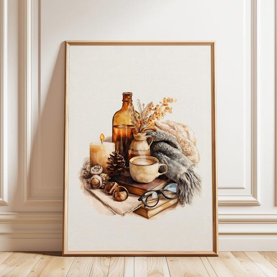 Cozy Fall Watercolor Still Life Halloween Wall Decor Painting Poster Framed Art