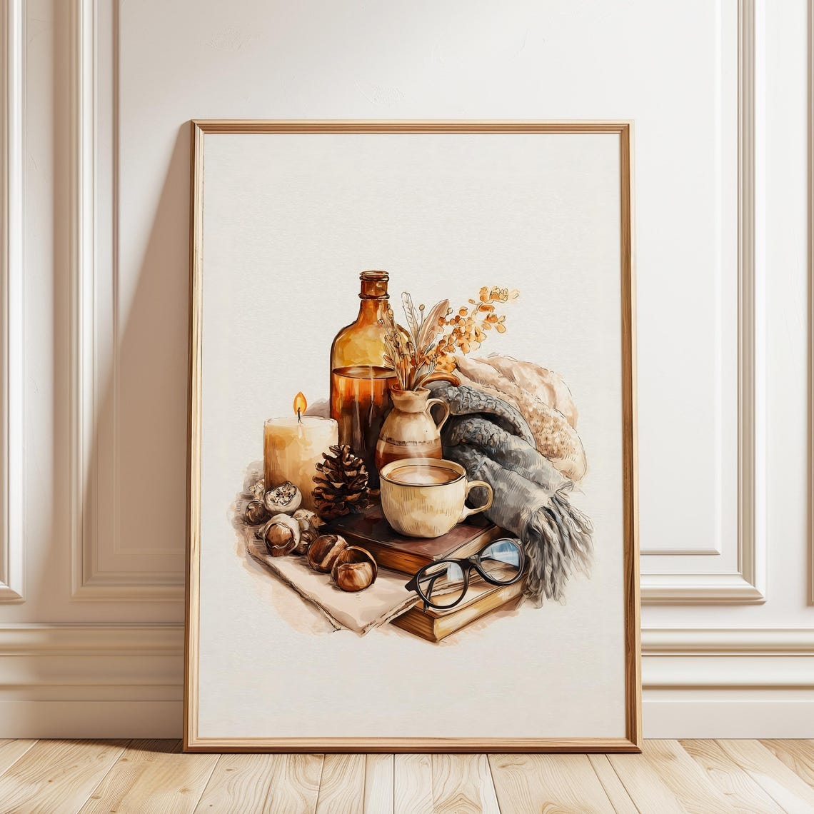 Cozy Fall Watercolor Still Life Halloween Wall Decor Painting Poster Framed Art