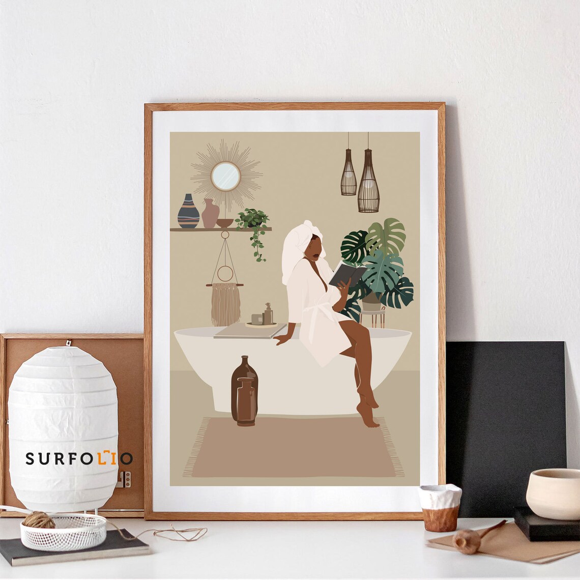 Black Woman Bath Floral Bathtub Reading Art Print