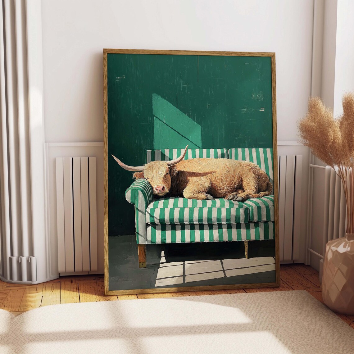 Highland Cow Sleeping on Striped Sofa Whimsical Animal Poster