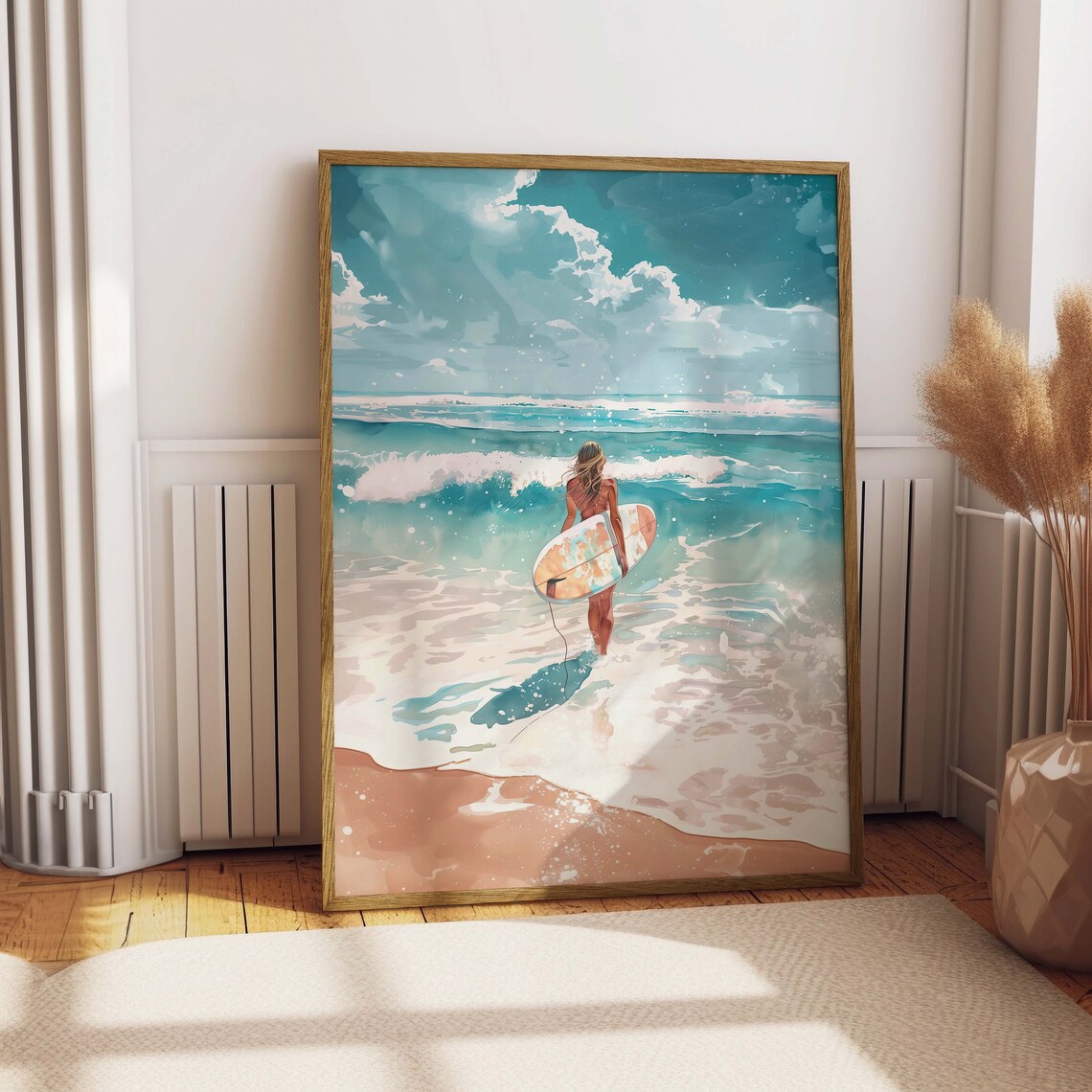 Watercolor Surf Beach Scene, Coastal Art Print