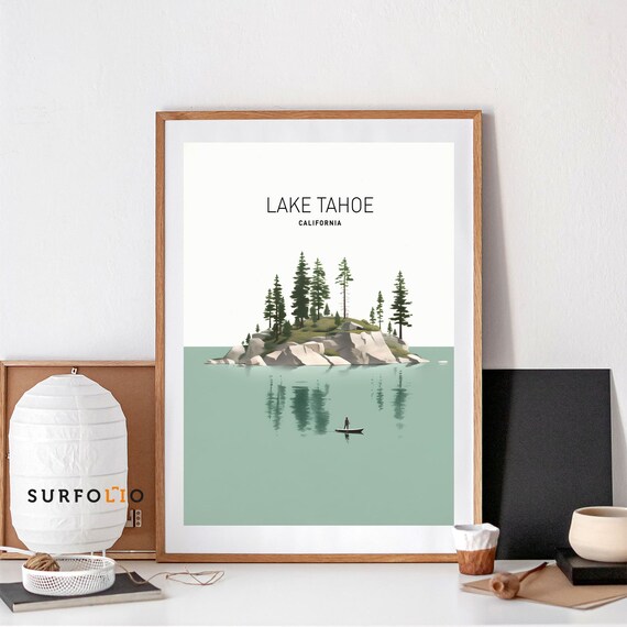 Lake Tahoe California Minimalist Island Pine Lake Canoe Poster Art