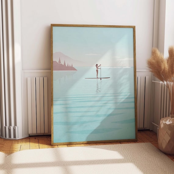 Minimalist Paddleboard Woman Calm Lake Serene Water Art Poster