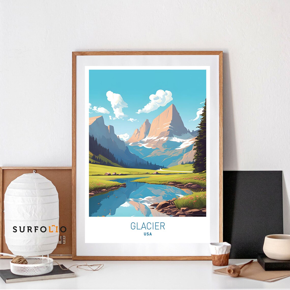 Glacier USA Mountain Lake Reflection Modern Travel Art Poster