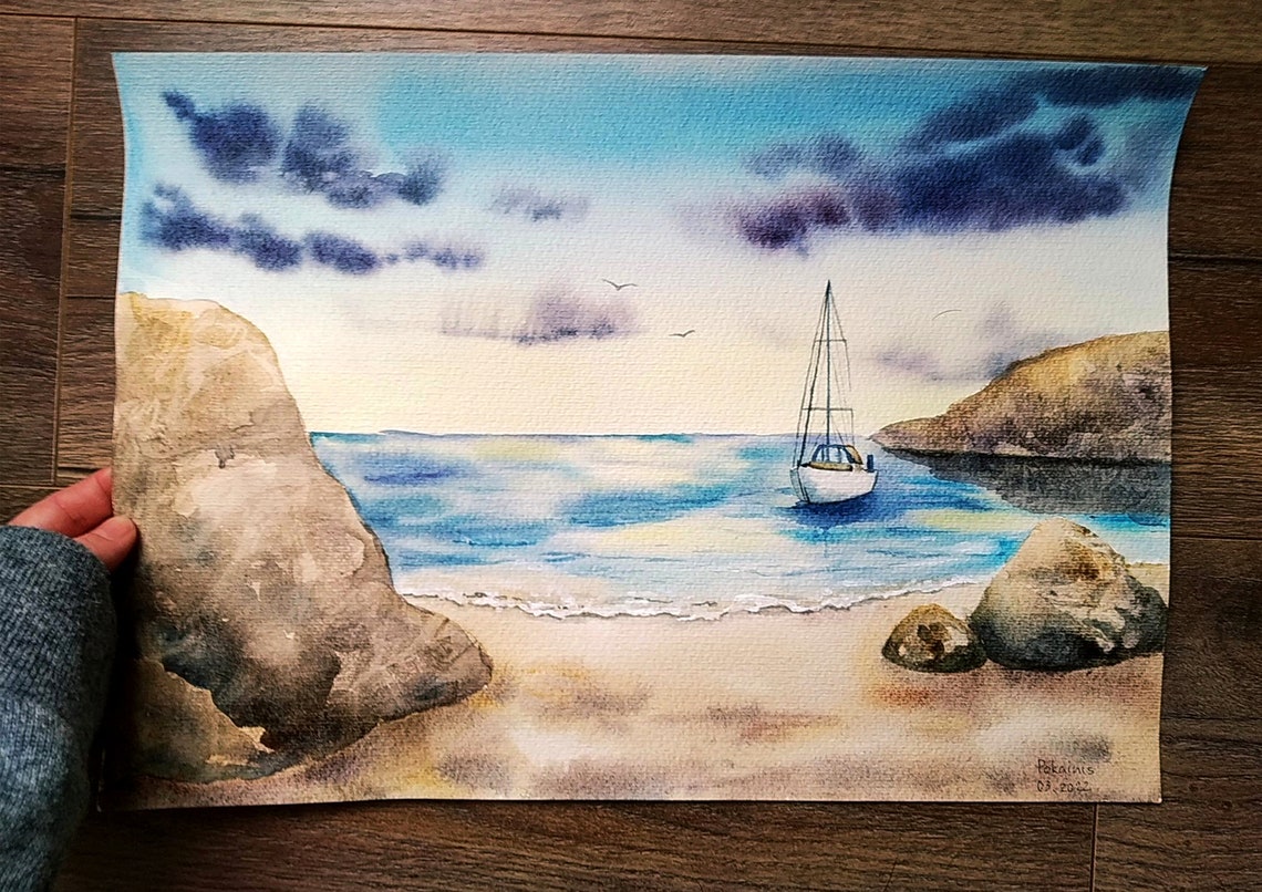 Sailboat Anchored in Rocky Cove Watercolor Tranquil Seaside Poster - Image 4