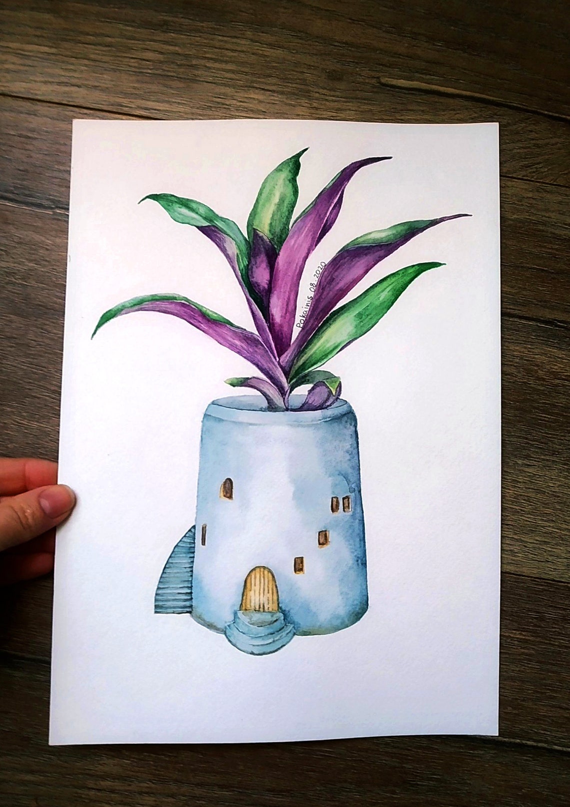 Whimsical House Shaped Planter Purple Plant Watercolor Print - Image 2