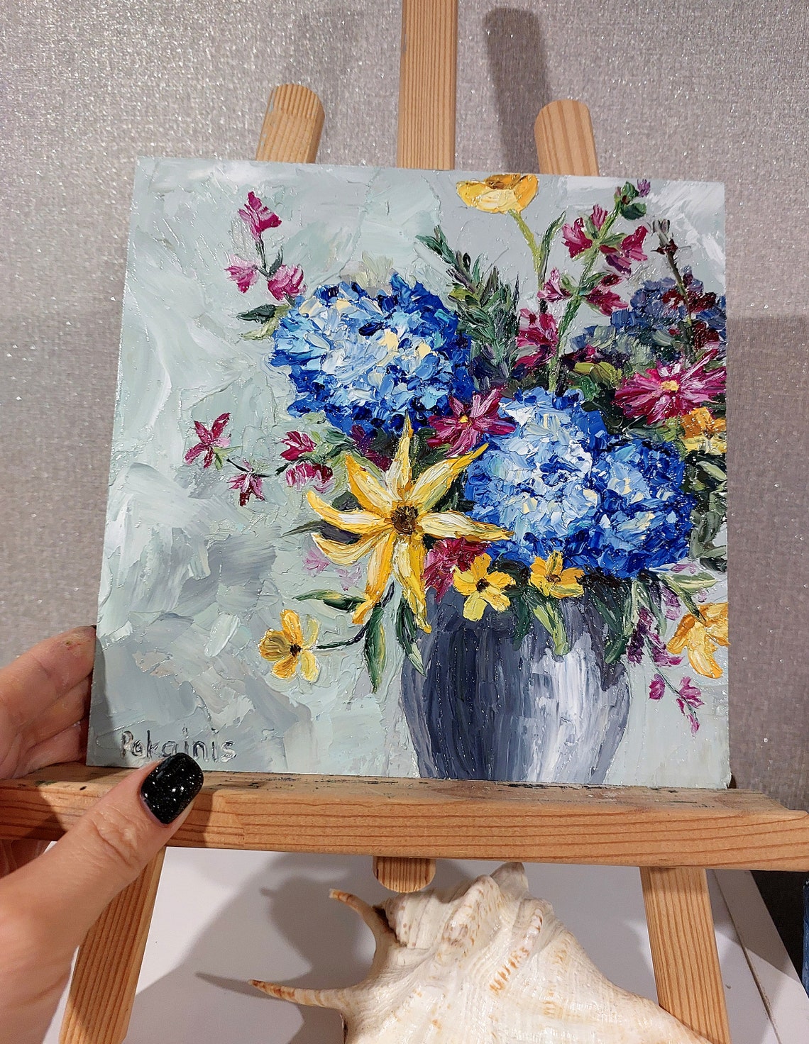 Blue Hydrangeas and Golden Daisies Bouquet Vase Impasto Oil Poster - Image 3
