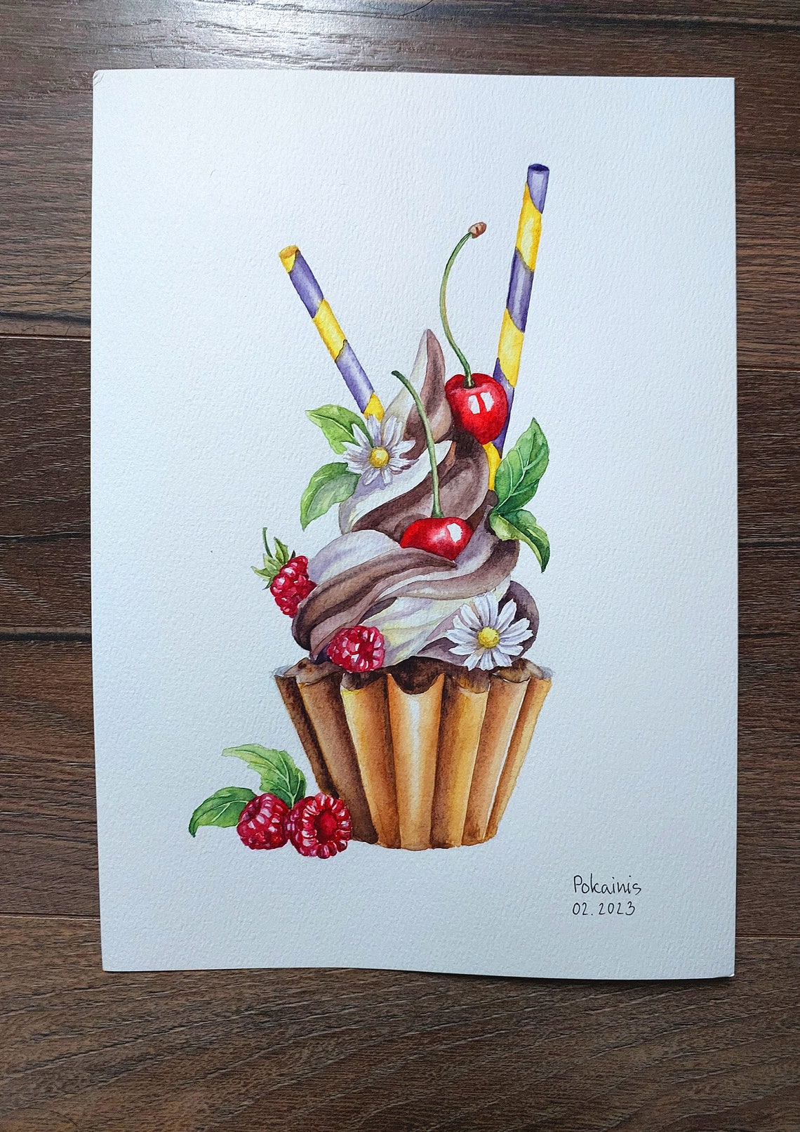 Chocolate Cupcake with Cherries Berries Straws Watercolor Poster - Image 3