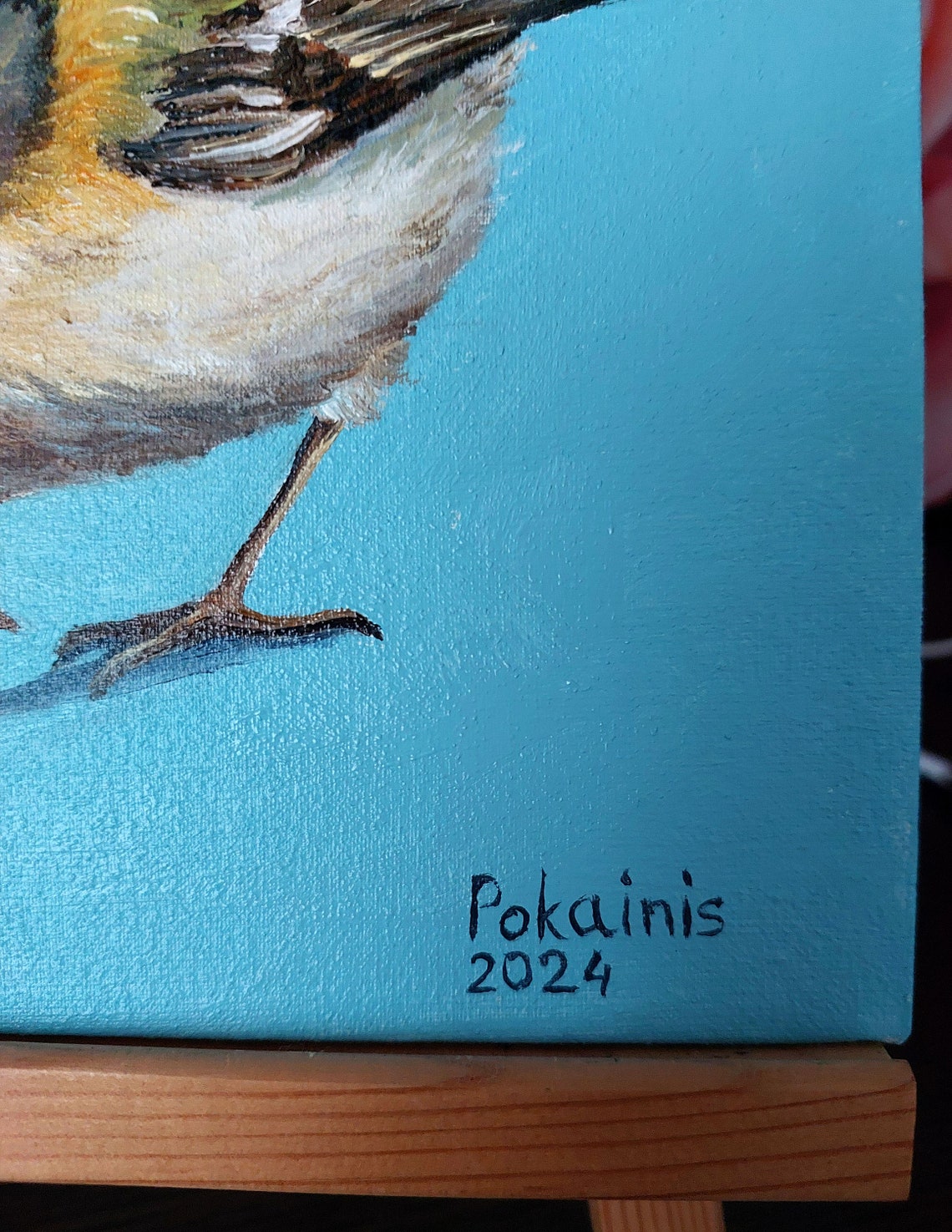 Tiny Songbird with Striped Crown Turquoise Oil Portrait Poster - Image 2