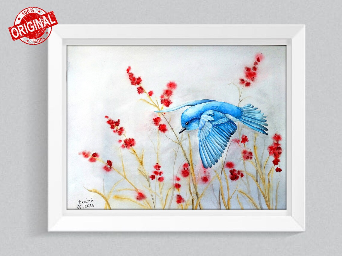 Bluebird in Flight Among Red Winter Berries Watercolor Poster - Image 5