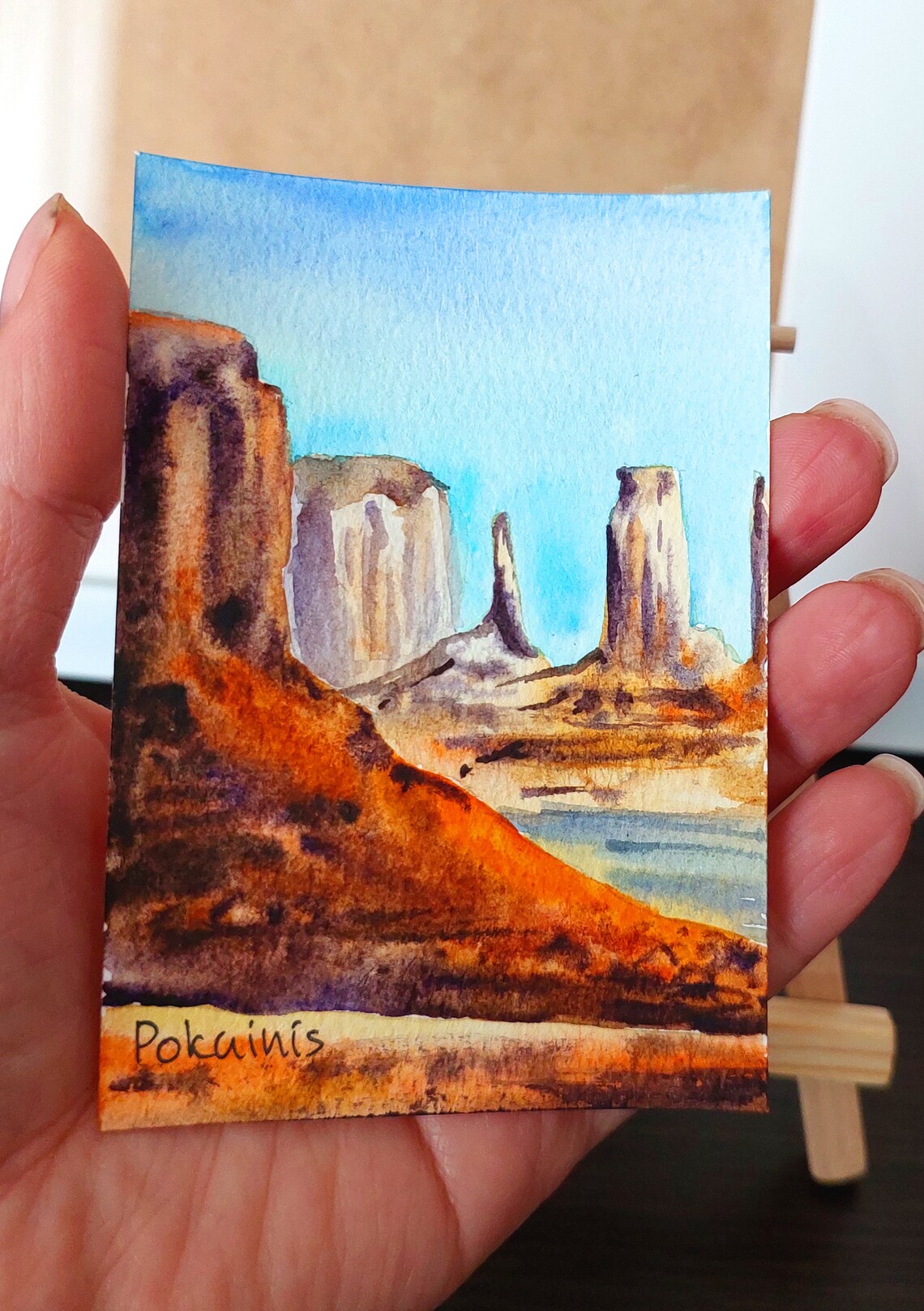 Red Rock Desert Buttes under Blue Sky ACEO Watercolor Landscape Poster