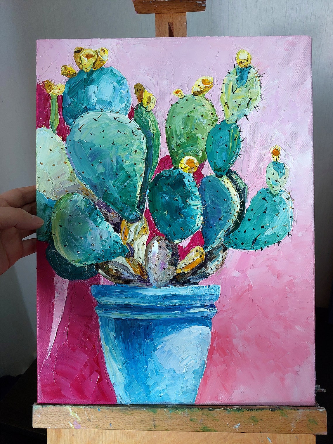 Prickly Pear Cactus Cobalt Blue Pot Vivid Pink Impasto Poster - Image 2