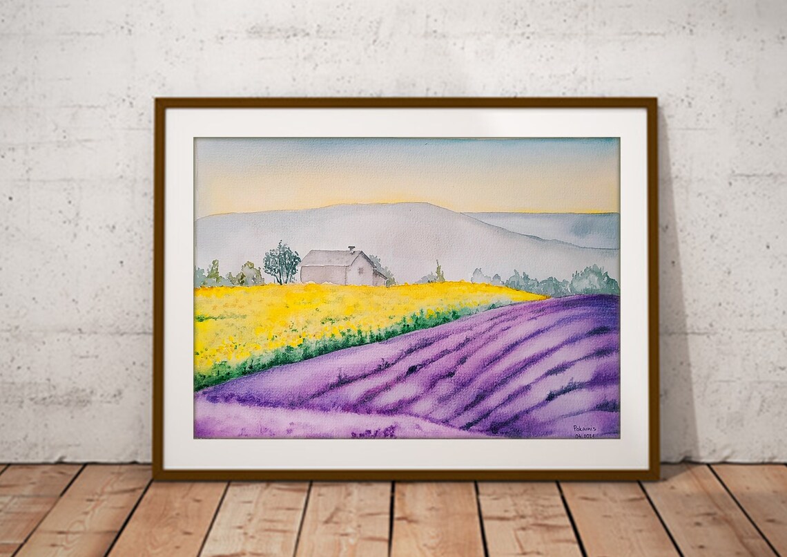 Lavender and Sunflower Fields Farmhouse Landscape Watercolor Poster - Image 2
