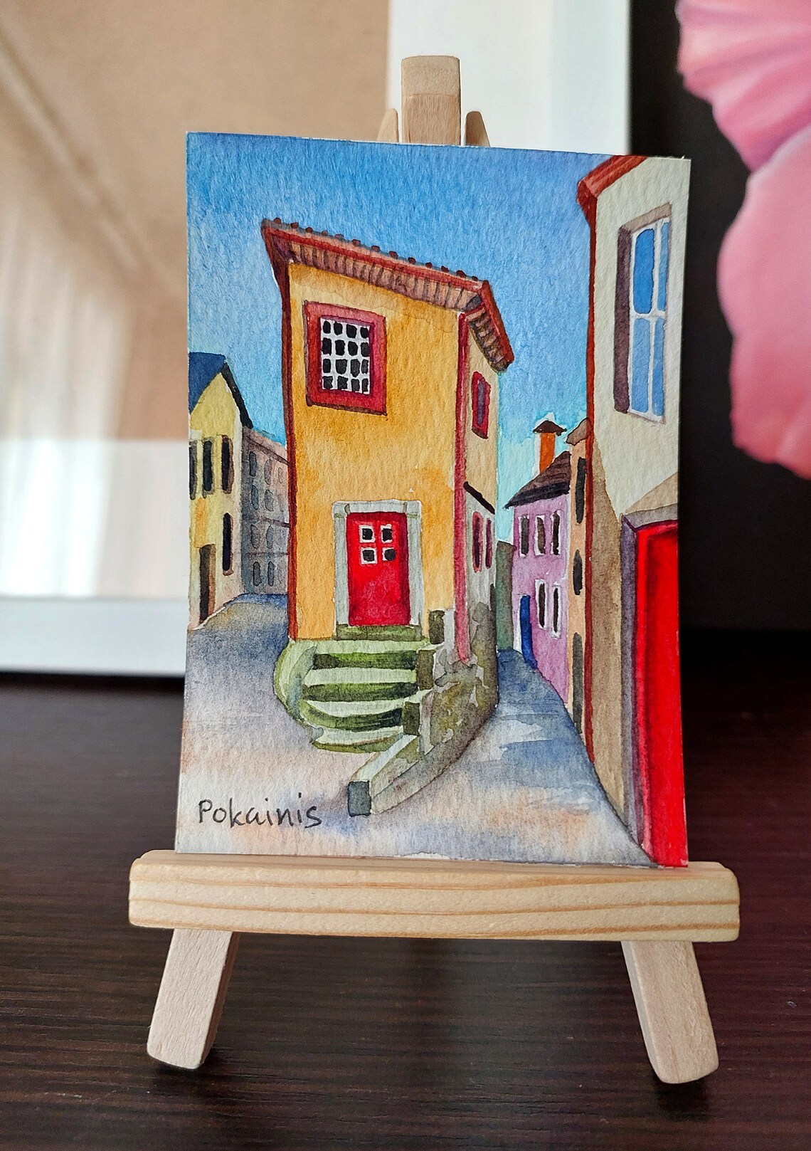 Charming Italian Village Street with Red Door ACEO Watercolor Poster