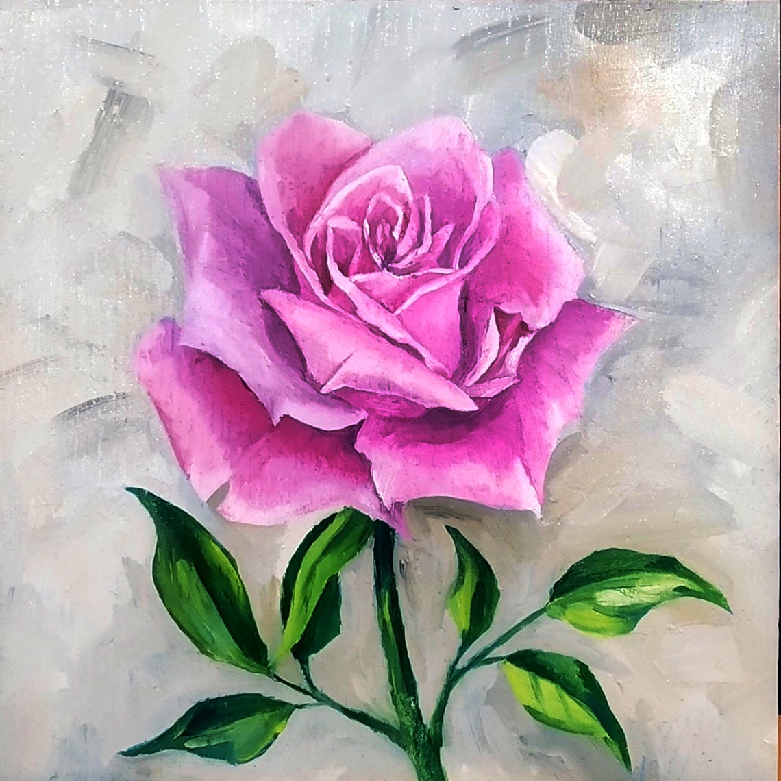 Blooming Pink Rose Oil Painting Poster On Soft Gray Background