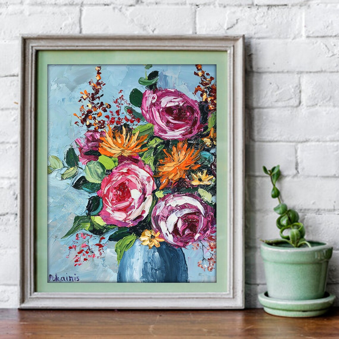 Pink Rose Bouquet Impasto Oil Painting Poster In Light Blue Vase - Image 2