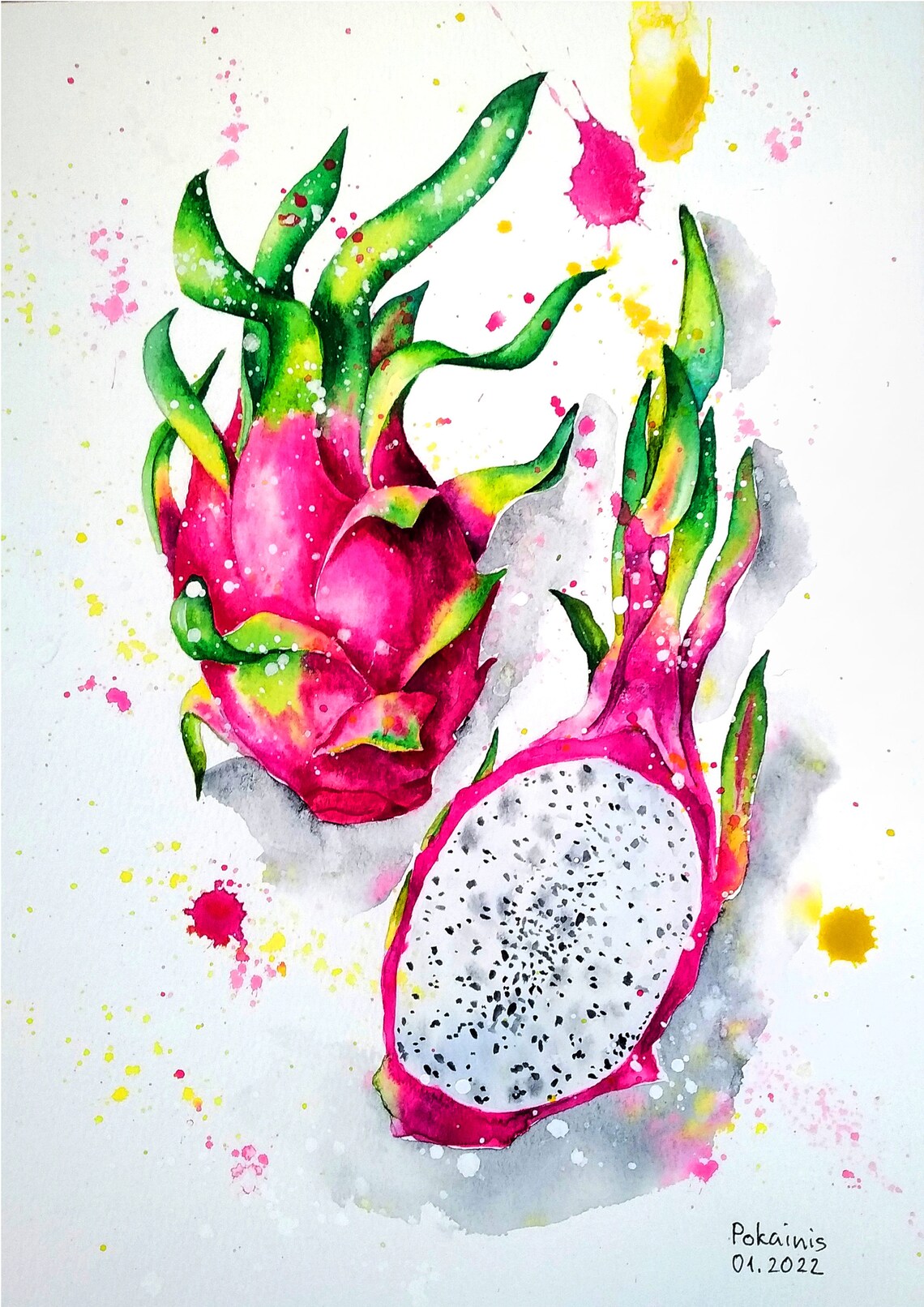 Original Watercolor Painting Exotic Fruit Painting Dragon Fruits Fruits Wall Art Vegetables Artwork A4 Wall Painting Watercolor Splash