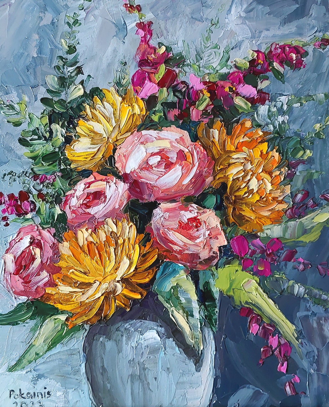 Pink Roses Golden Blooms Textured Gray Vase Lush Impasto Poster - Image 2