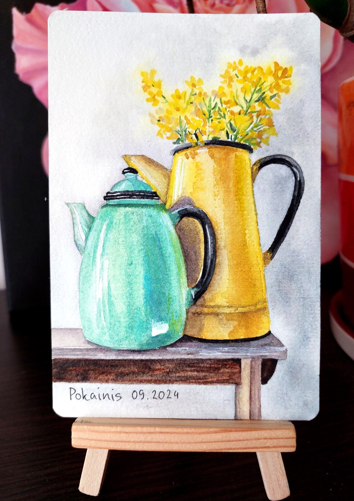 Yellow Wildflowers in Mustard Pitcher Watercolor Miniature Poster - Image 3
